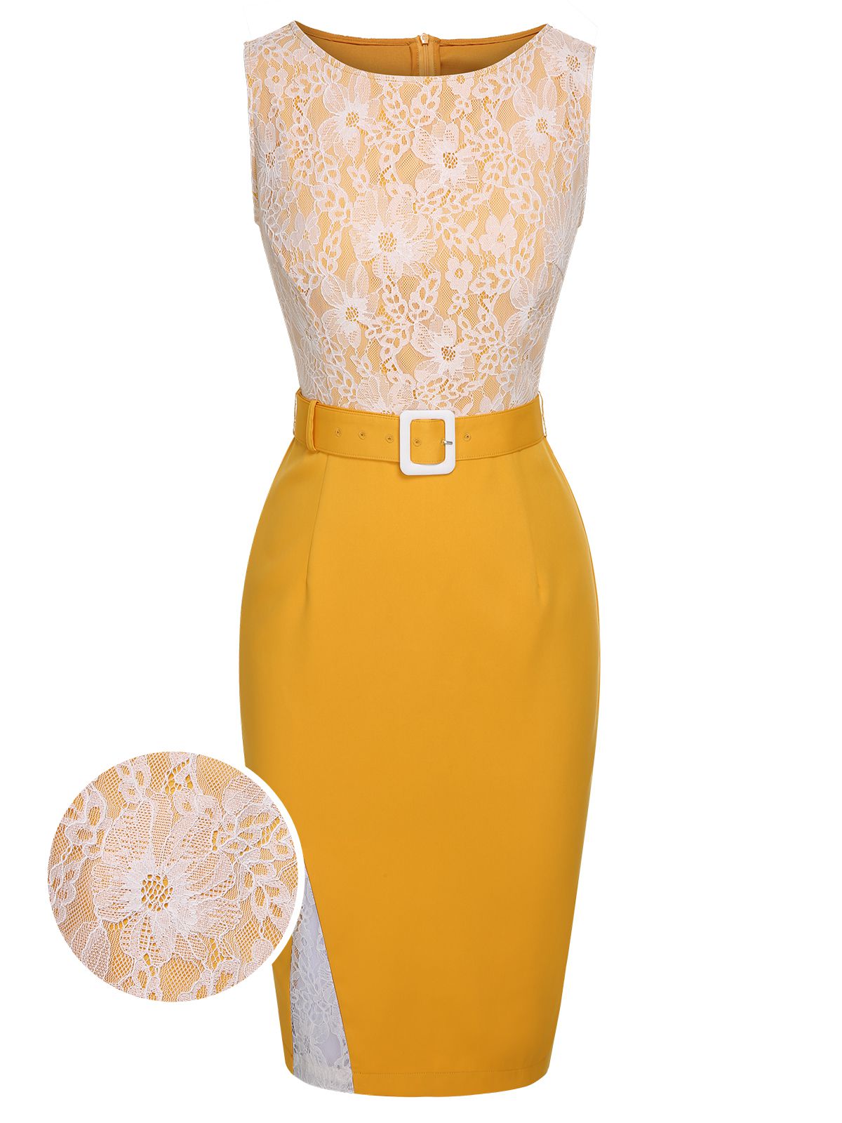 Yellow  Solid Lace Patchwork Belt Dress