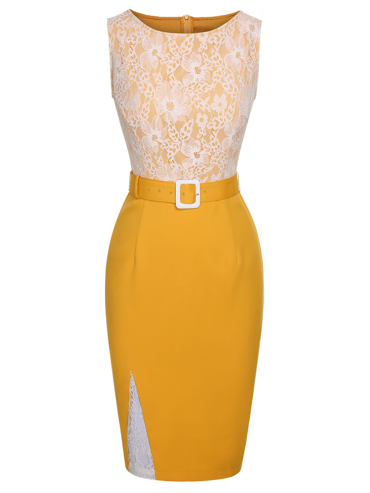 Yellow  Solid Lace Patchwork Belt Dress