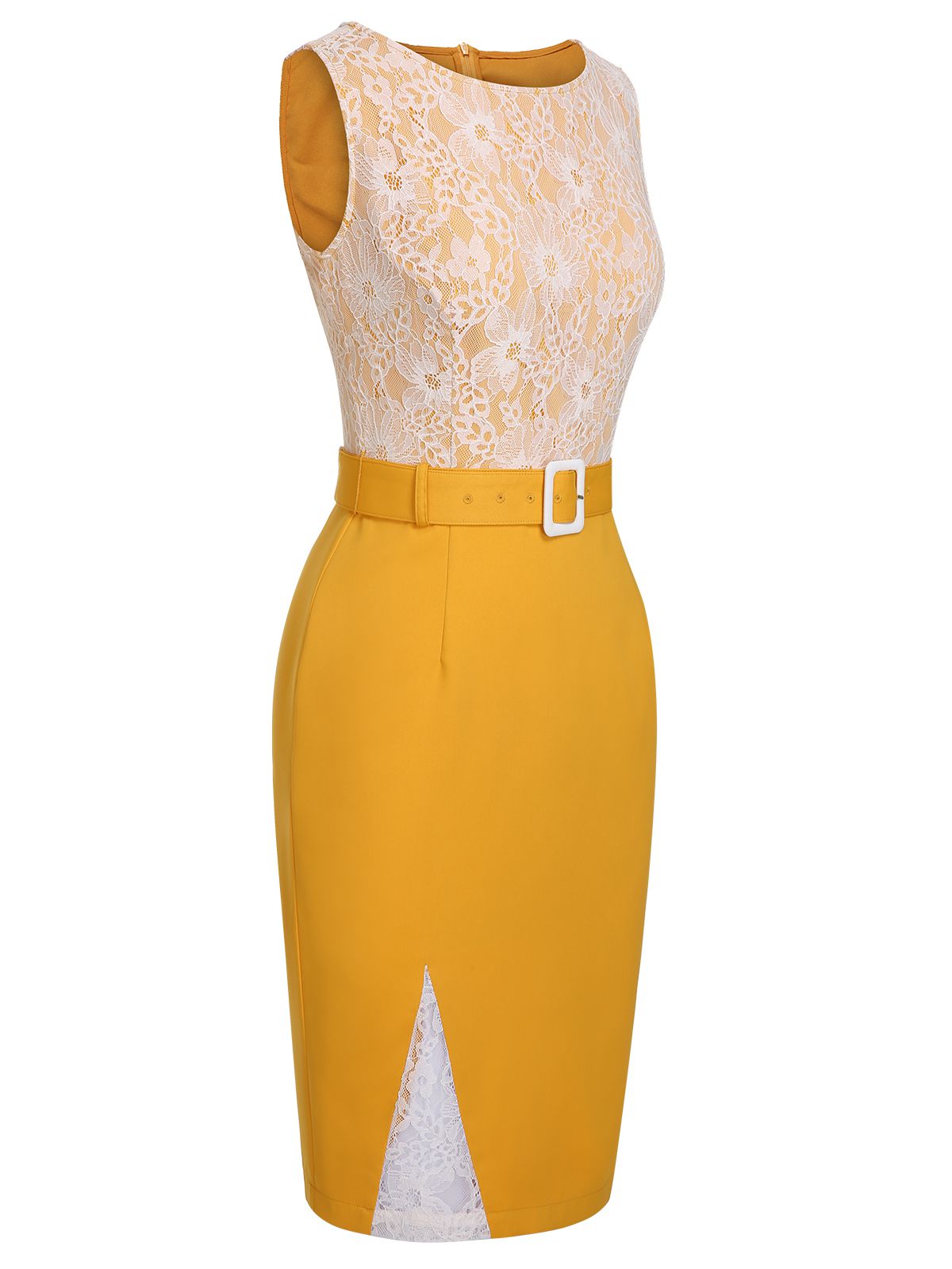 Yellow  Solid Lace Patchwork Belt Dress