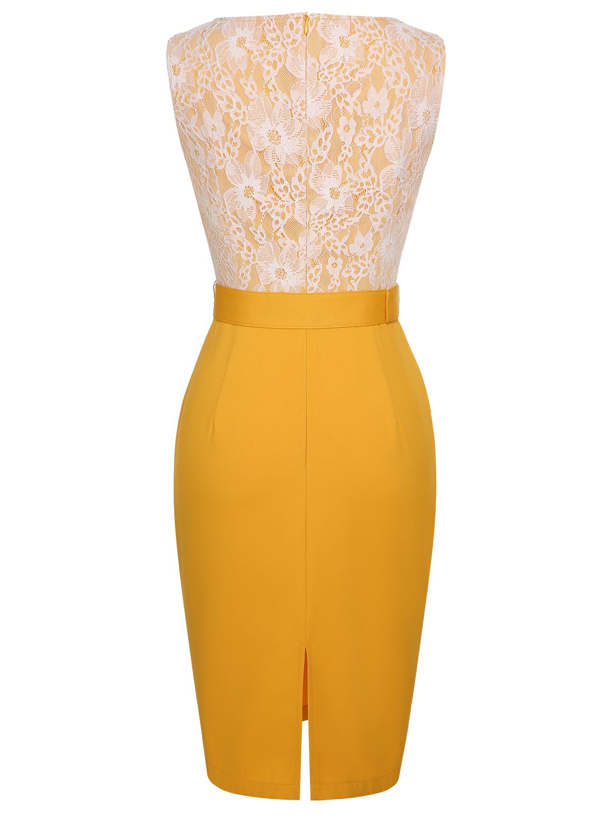 Yellow  Solid Lace Patchwork Belt Dress