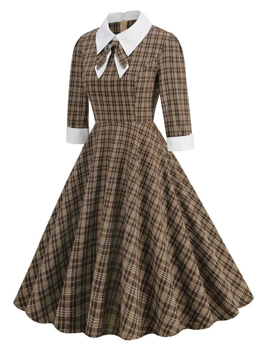 Brown Lapel Bow Decor Plaids Dress