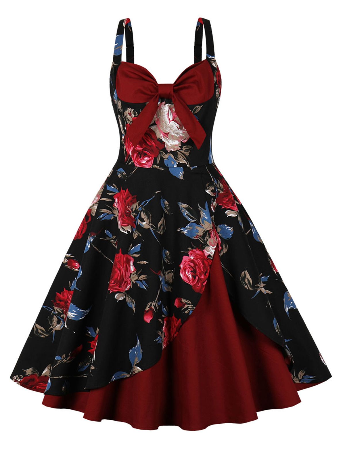 Deep Red Rose Strap Patchwork Dress