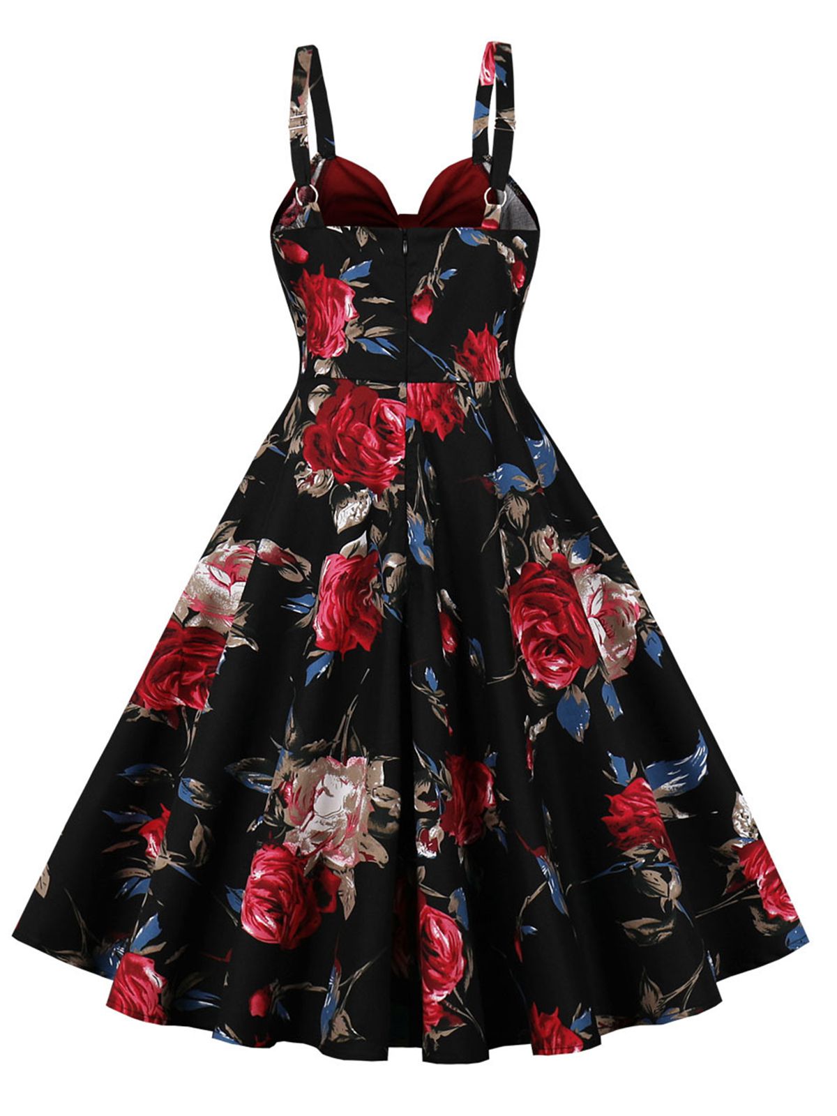 Deep Red Rose Strap Patchwork Dress