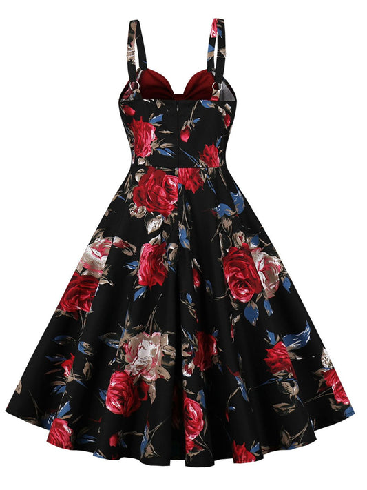 Deep Red Rose Strap Patchwork Dress