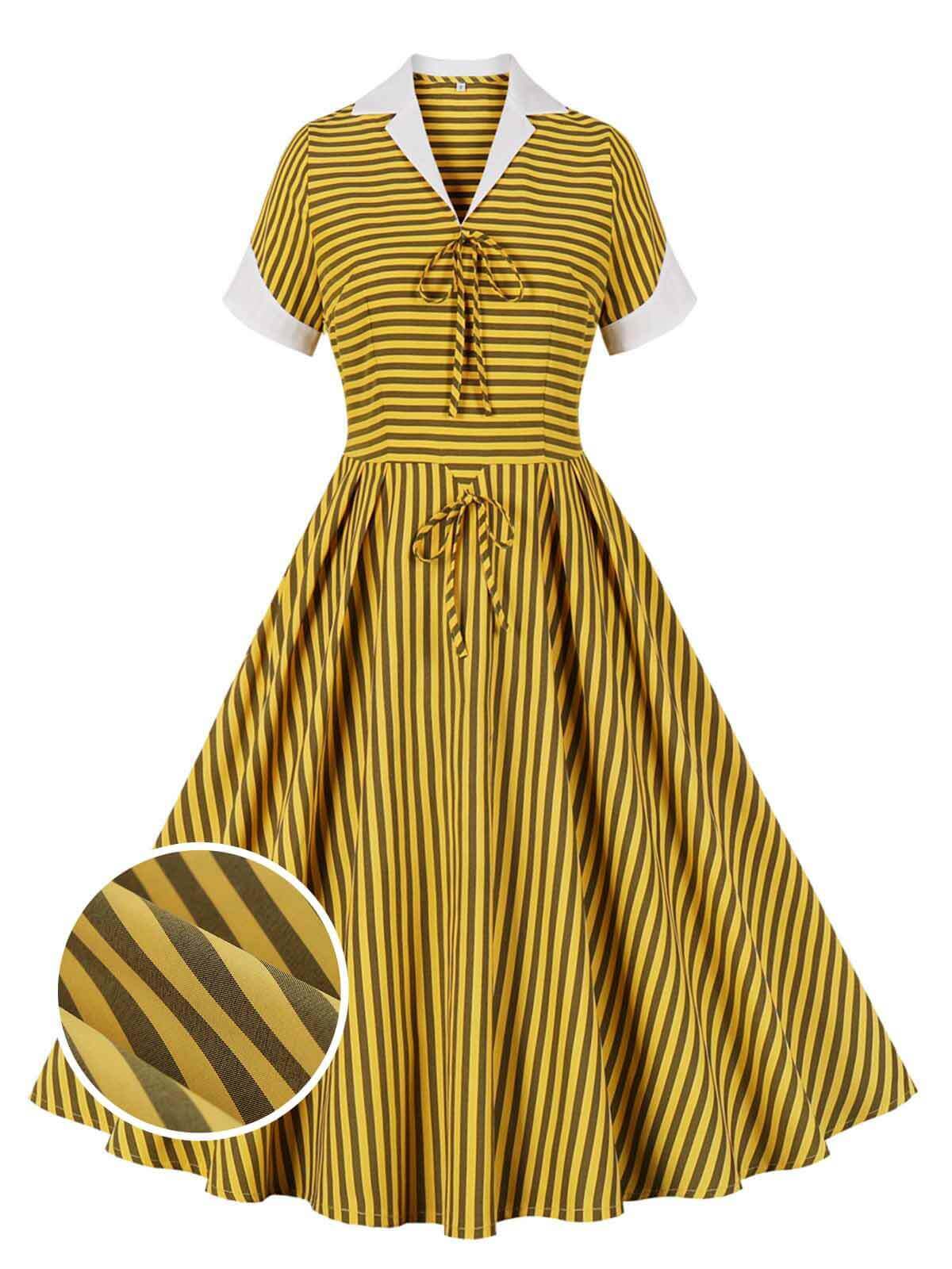 Yellow Bow Striped Swing Dress