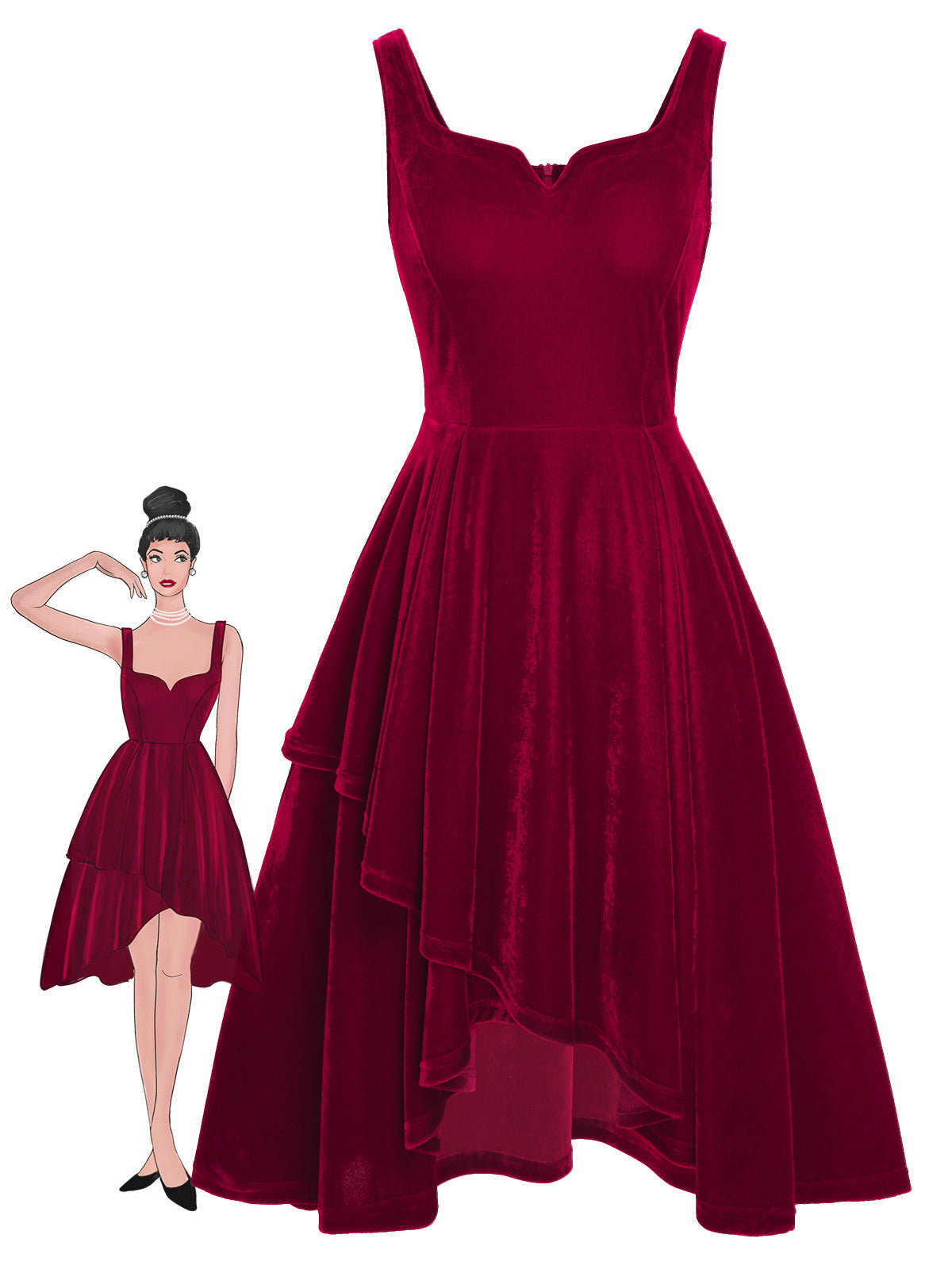 Red Sweetheart Collar Velvet Strap Dress