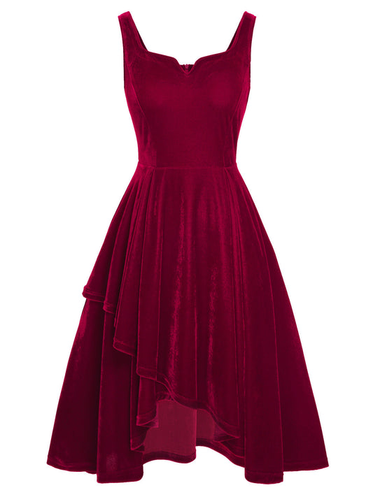 Red Sweetheart Collar Velvet Strap Dress