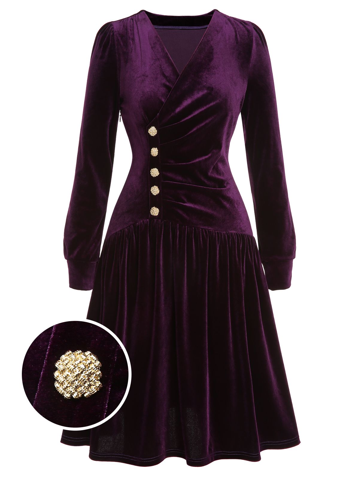 Purple Solid Velvet Buttons Dress