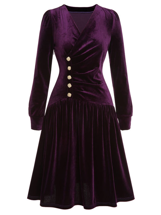 Purple Solid Velvet Buttons Dress