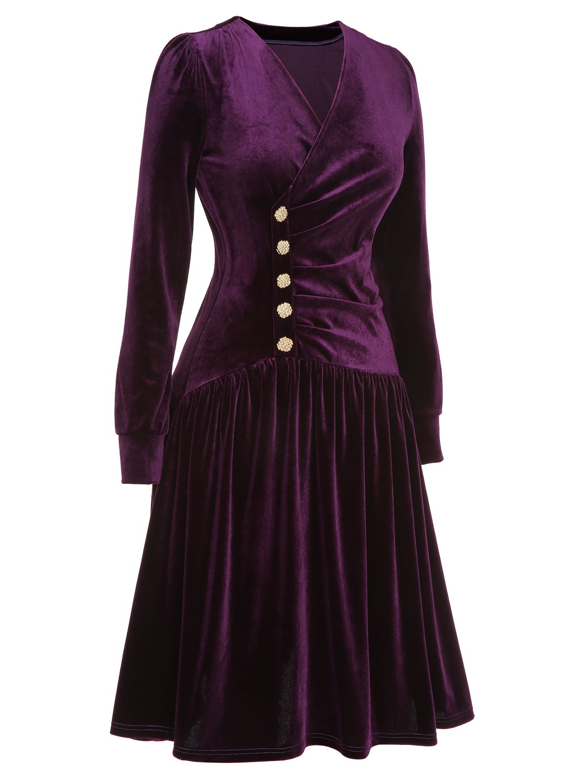 Purple Solid Velvet Buttons Dress