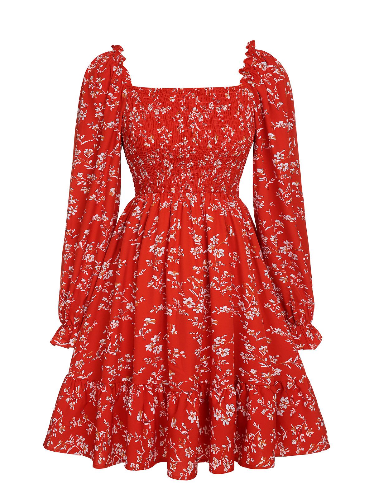 Red Ditsy Floral Bishop Long Sleeve Dress