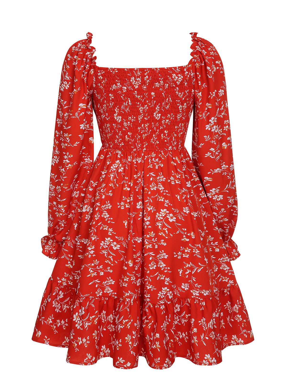 Red Ditsy Floral Bishop Long Sleeve Dress