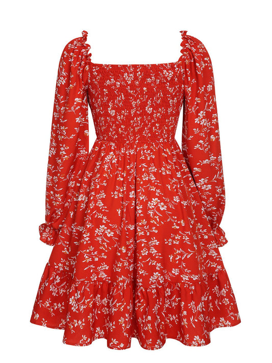 Red Ditsy Floral Bishop Long Sleeve Dress