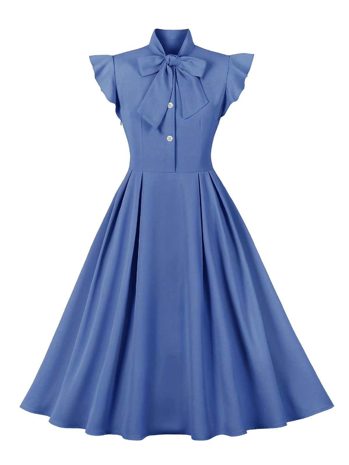 Solid Ruffle Sleeve Bow Neck Dress