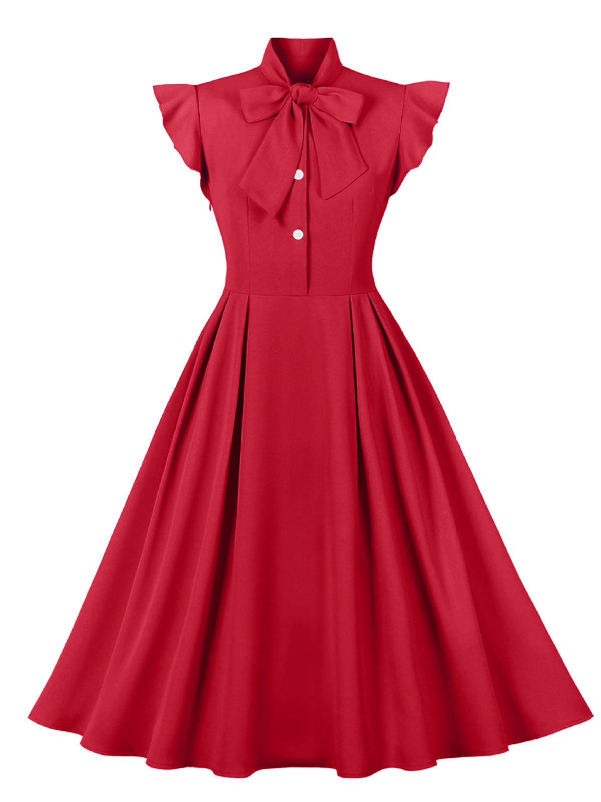 Solid Ruffle Sleeve Bow Neck Dress