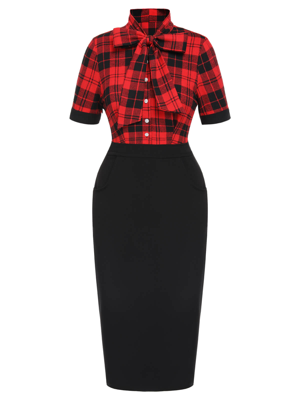 Red & Black  Plaid Bow Collar Pencil Dress