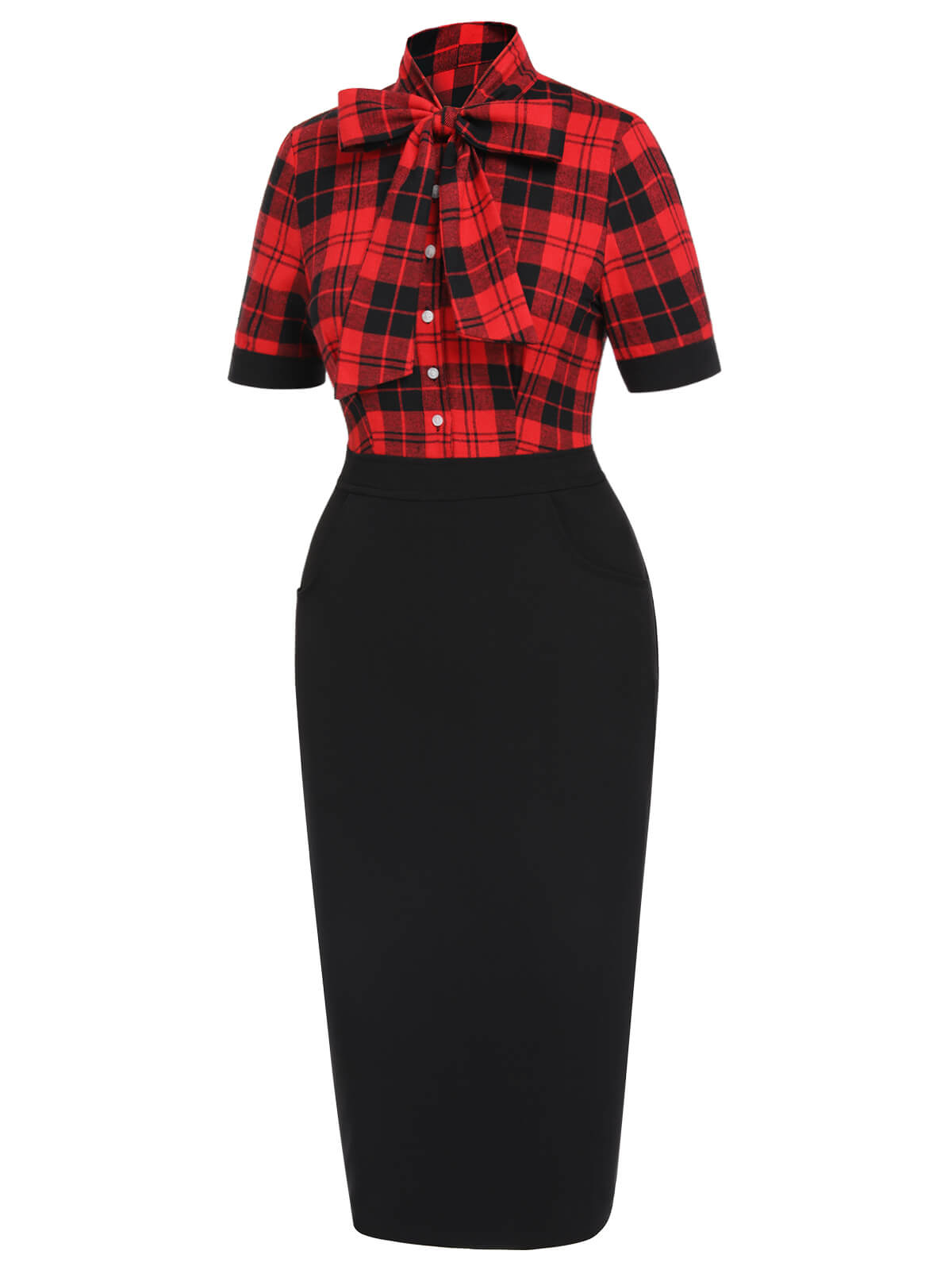 Red & Black  Plaid Bow Collar Pencil Dress