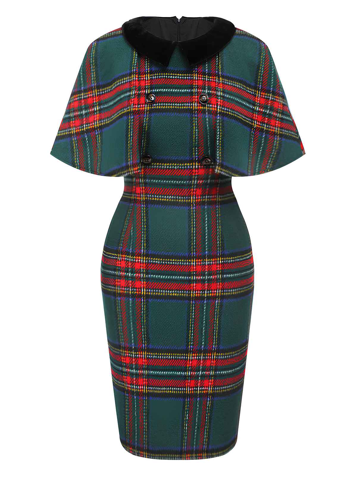 Plaid Cloak Sleeve Velvet Collar Dress