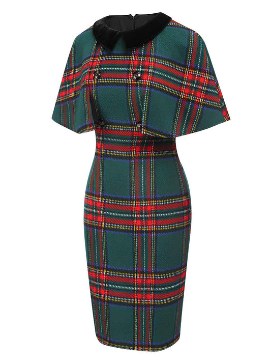 Plaid Cloak Sleeve Velvet Collar Dress