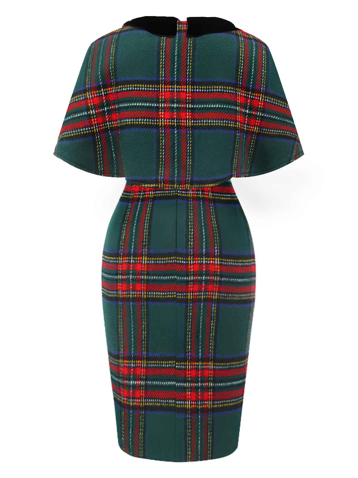 Plaid Cloak Sleeve Velvet Collar Dress