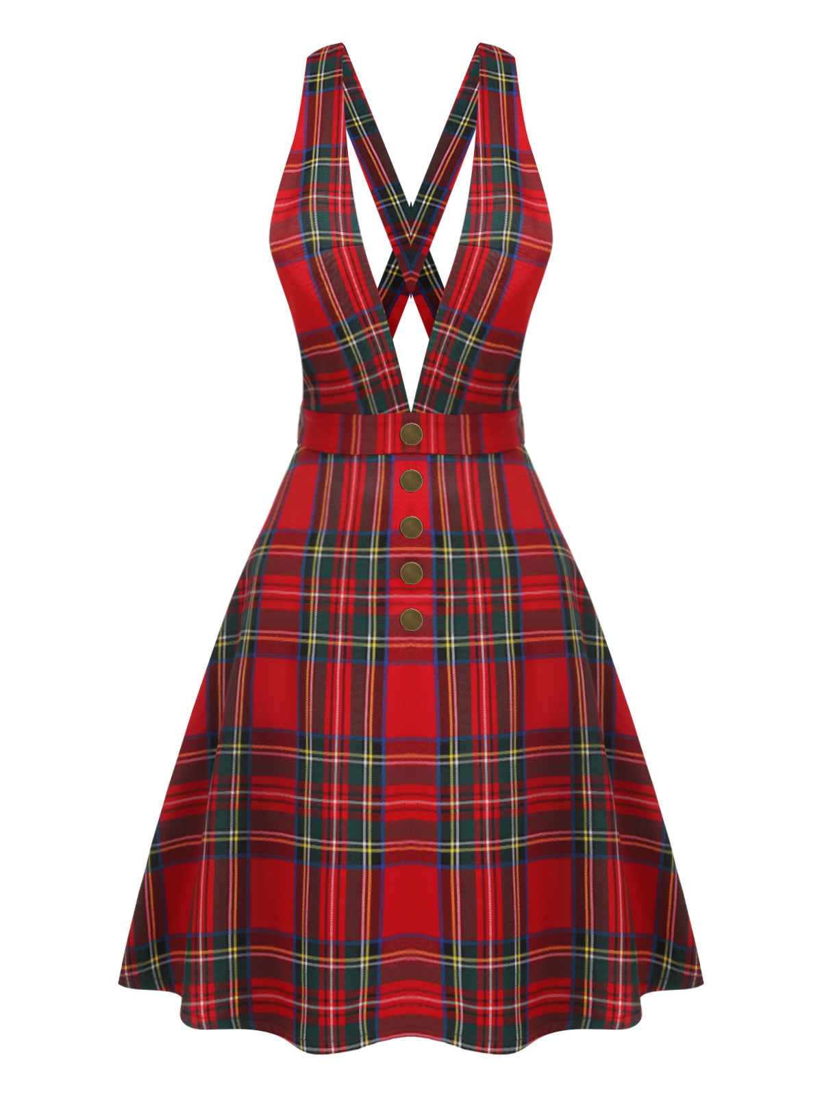 Red Plaids Buttoned Strap Dress