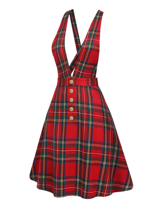 Red Plaids Buttoned Strap Dress