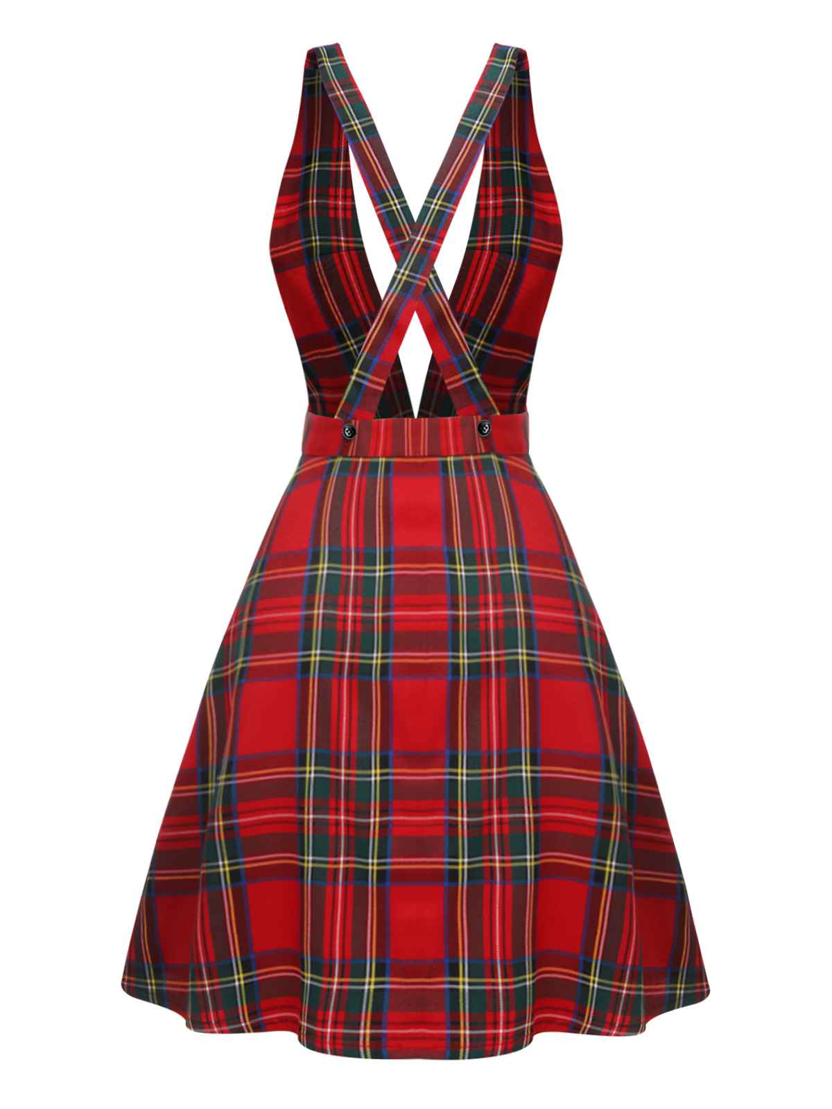 Red Plaids Buttoned Strap Dress