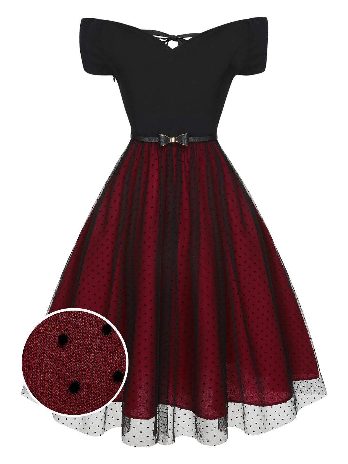 Wine Red Polka Dots Drop Shoulder Belt Dress