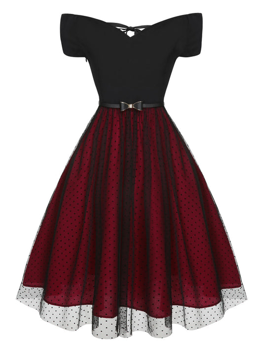 Wine Red Polka Dots Drop Shoulder Belt Dress