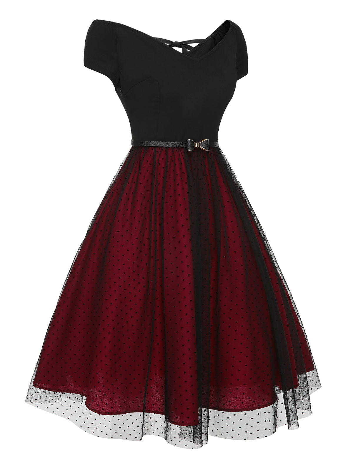 Wine Red Polka Dots Drop Shoulder Belt Dress