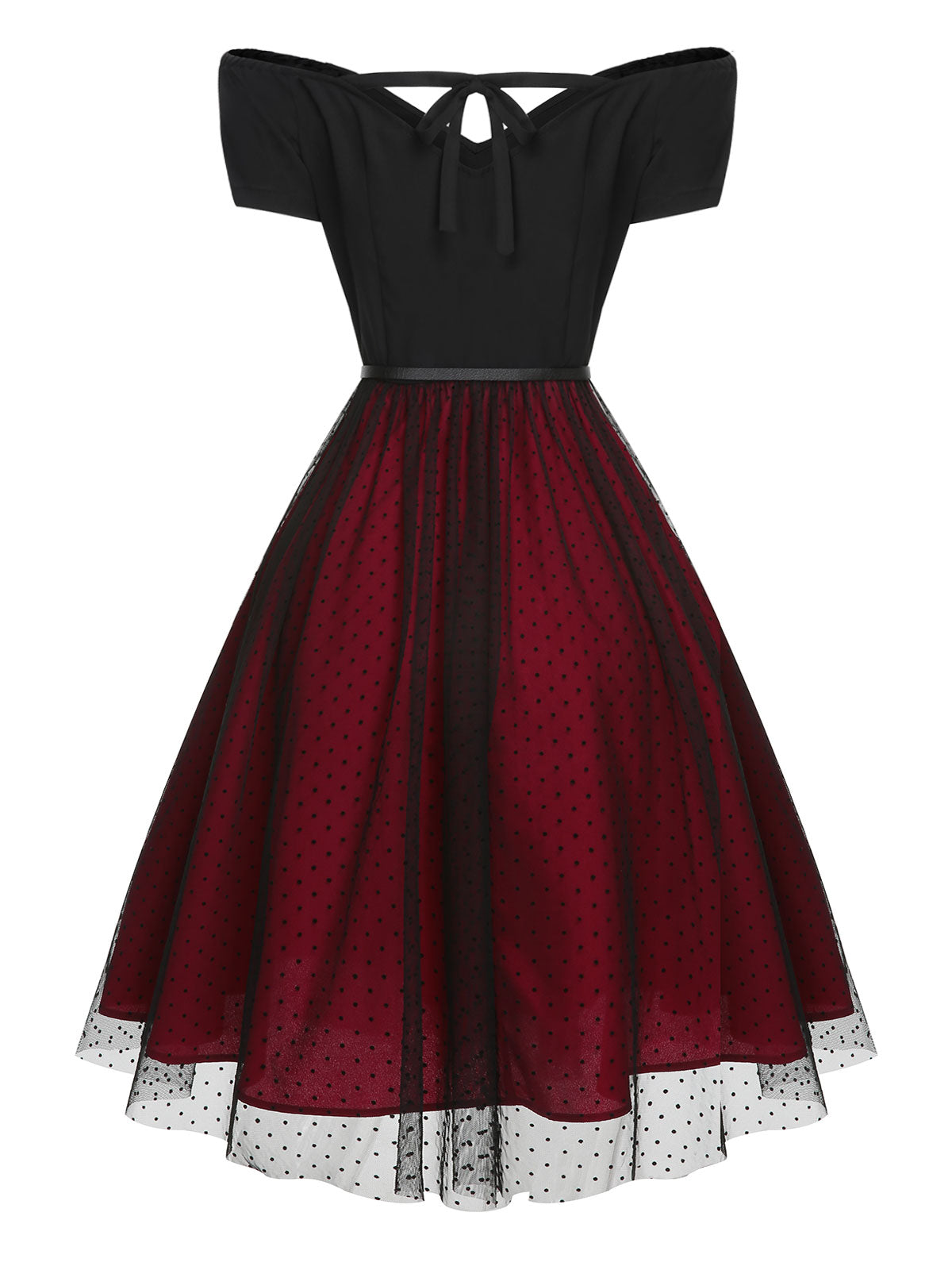 Wine Red Polka Dots Drop Shoulder Belt Dress