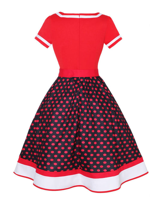 Multicolor Polka Dots Patchwork Belted Dress