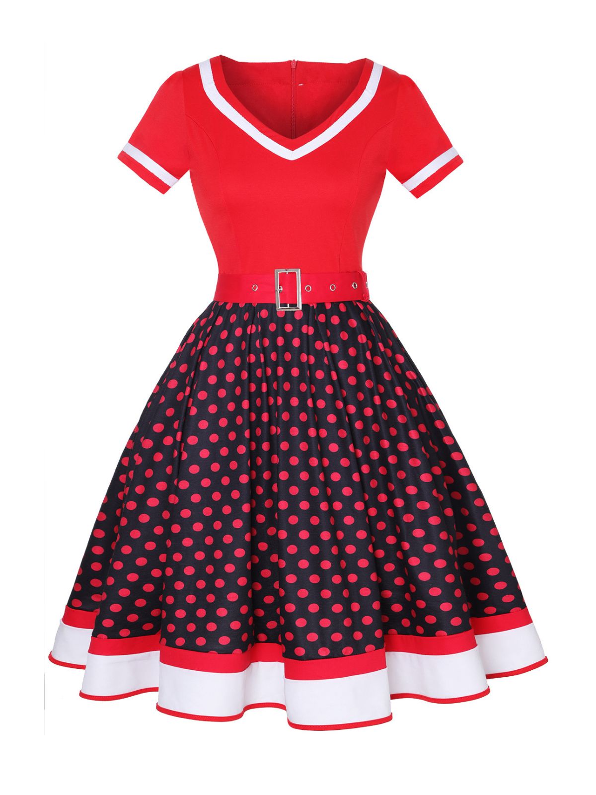 Multicolor Polka Dots Patchwork Belted Dress