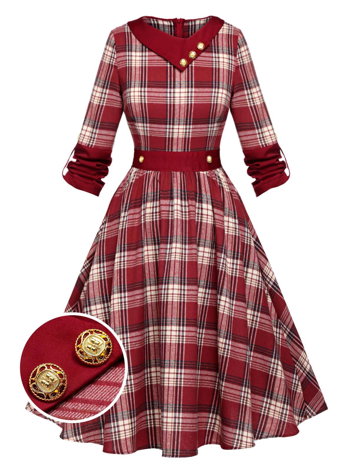 Red Roll Up Scottish Plaid Dress