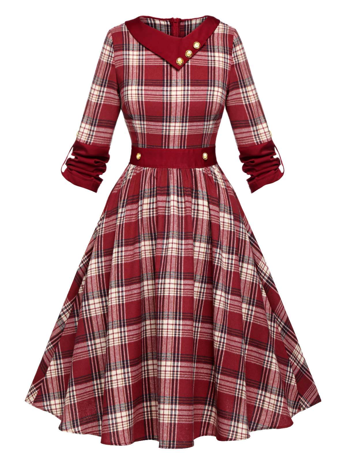 Red Roll Up Scottish Plaid Dress