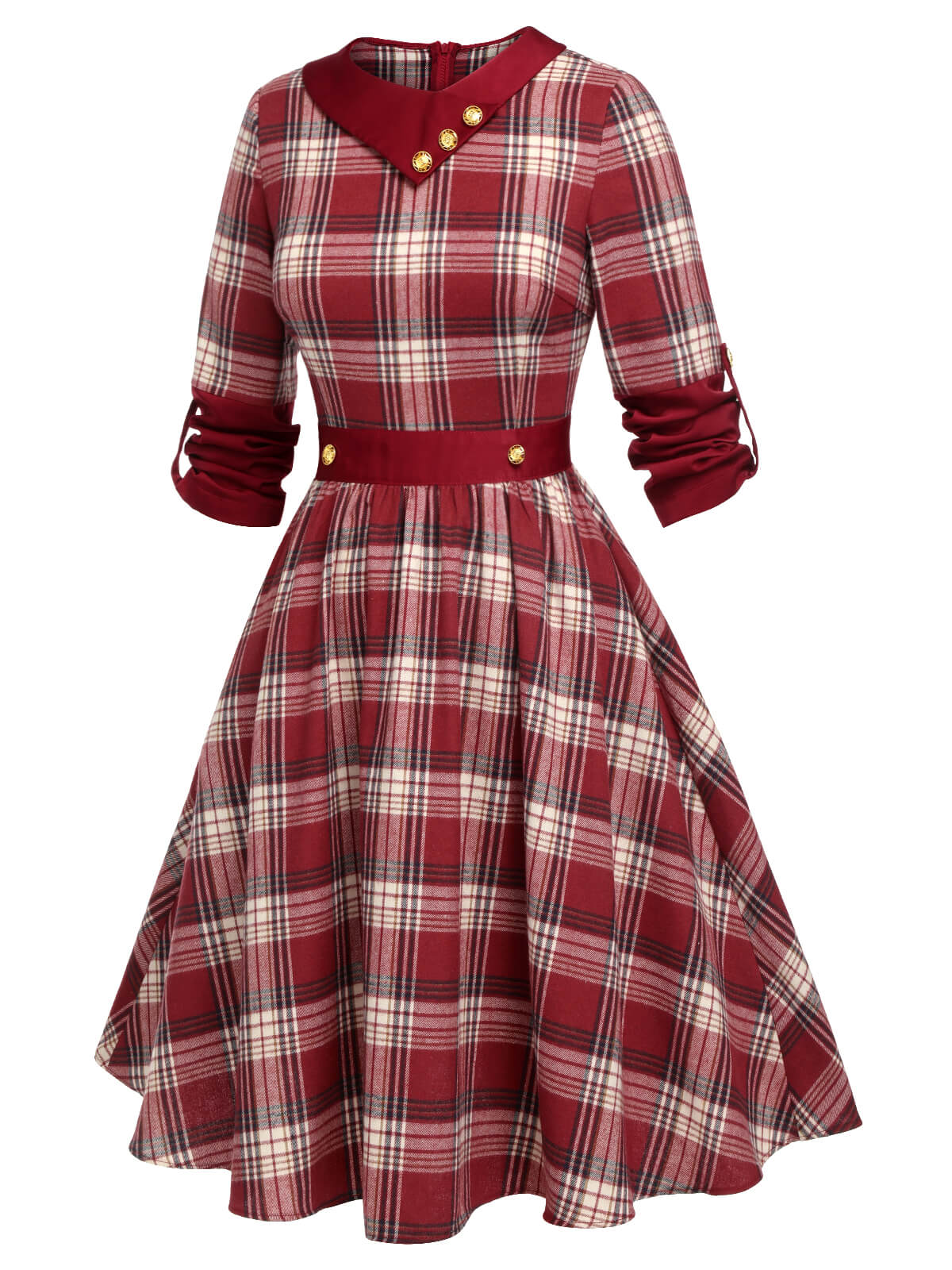 Red Roll Up Scottish Plaid Dress