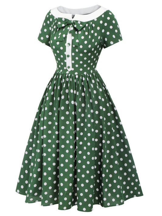 Green Polka Dot Bowknot Patchwork Dress