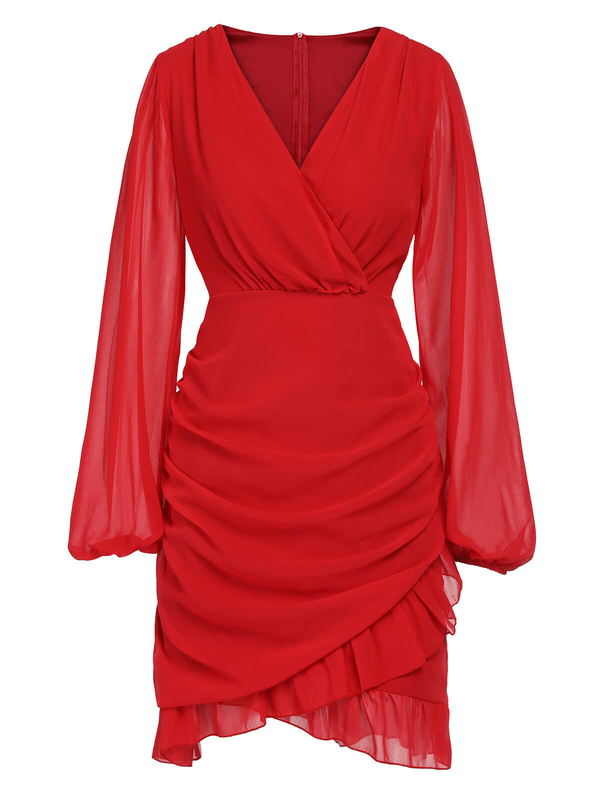 Red  Solid Chiffon Surplice V-Neck Dress