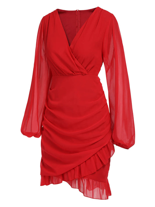 Red  Solid Chiffon Surplice V-Neck Dress