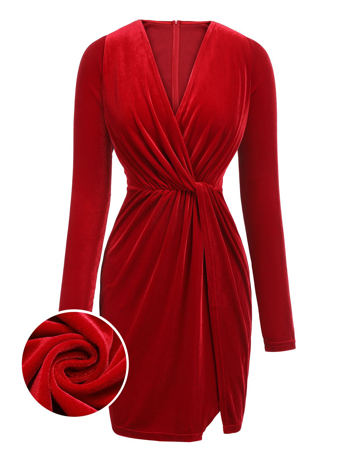 Red  V-Neck Velvet Pleated Wrap Dress