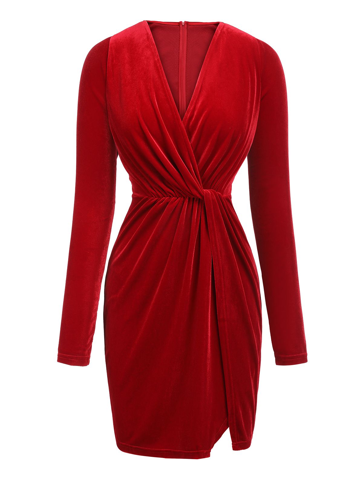 Red  V-Neck Velvet Pleated Wrap Dress