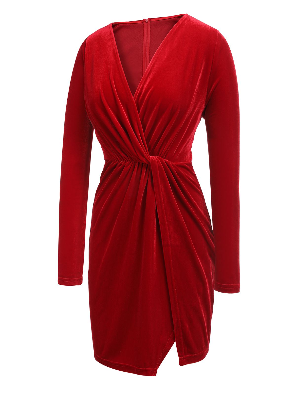 Red  V-Neck Velvet Pleated Wrap Dress