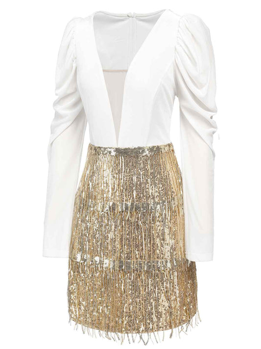 V-Neck Tassel Sequined Wrap Dress