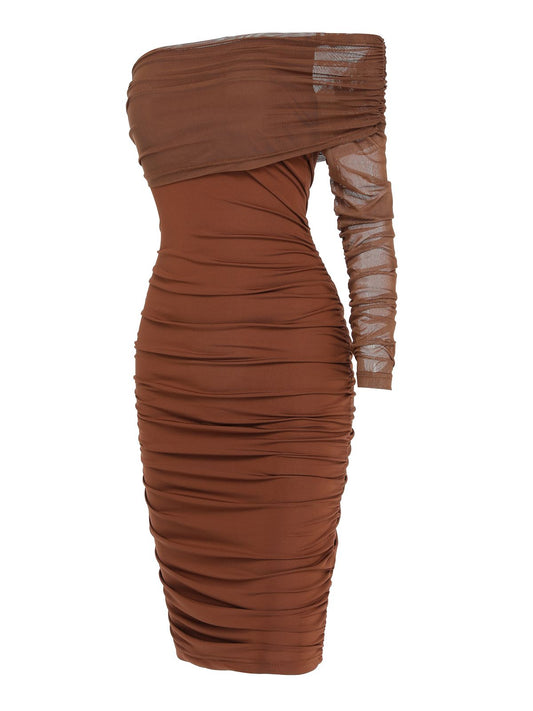 Solid Mesh Pleated Hip Dress