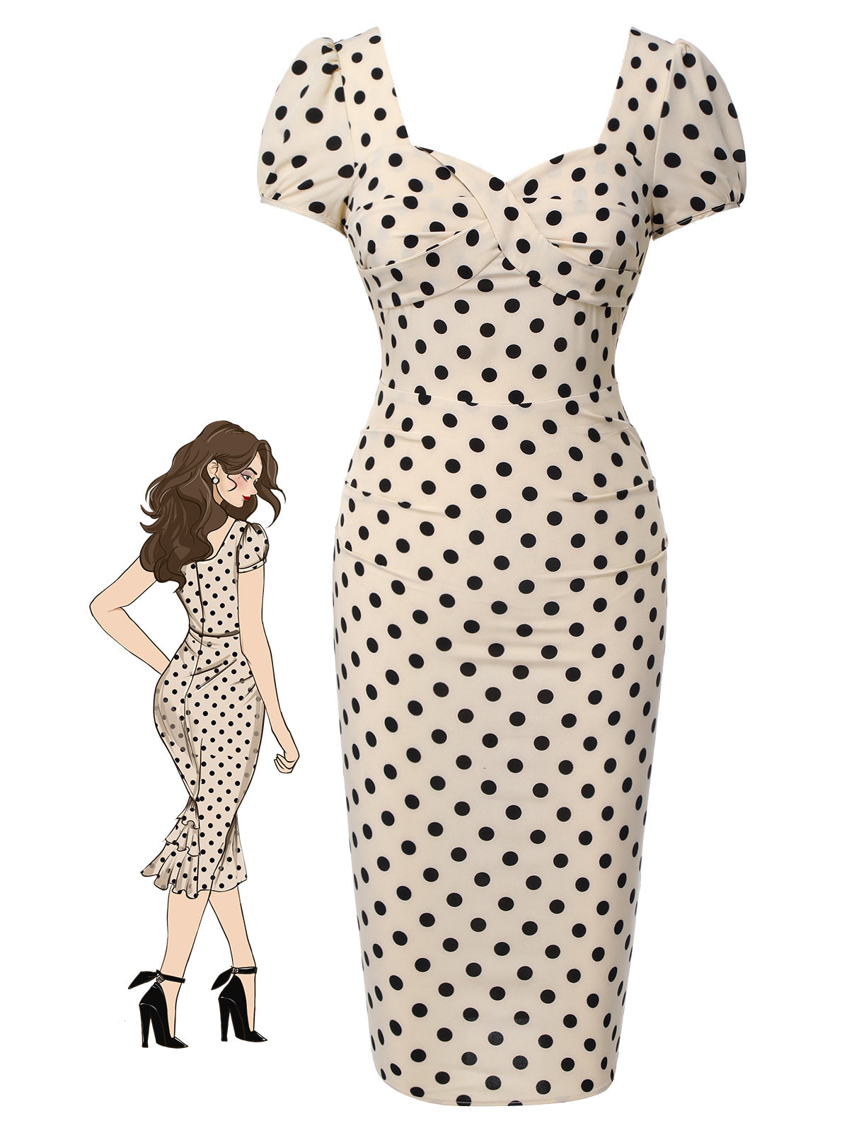 Beige  Polka Dot Square Neck Puff Dress