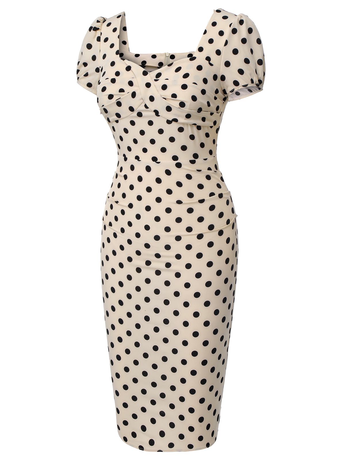 Beige  Polka Dot Square Neck Puff Dress