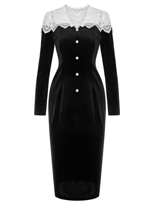 Black & White  Lapel Patchwork Velvet Dress