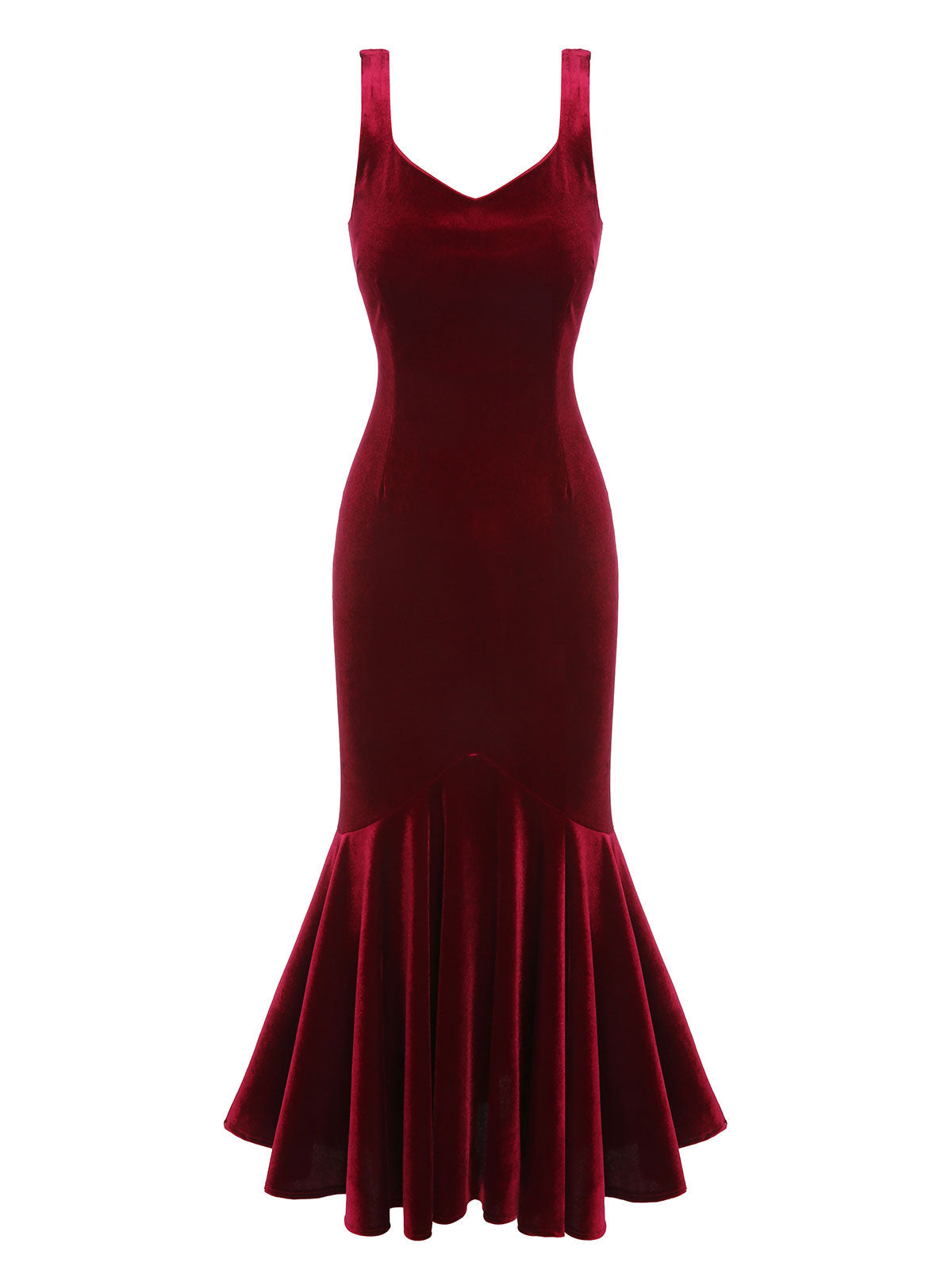 Wine Red Strap Velvet Mermaid Dress