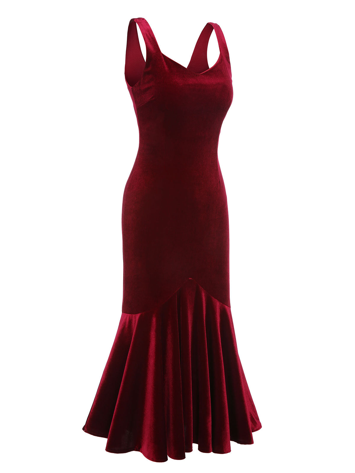 Wine Red Strap Velvet Mermaid Dress