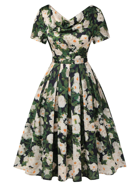 Green Cowl Neck Painting Flower Dress